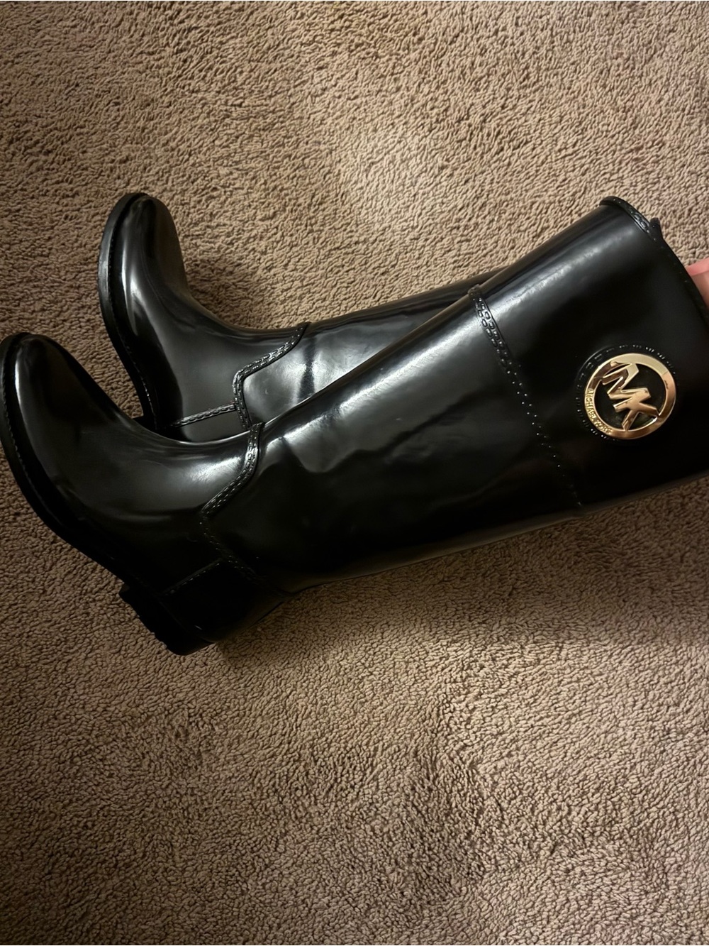 Michael Kors Shiny Black Knee-High Boots with Gold MK Emblem